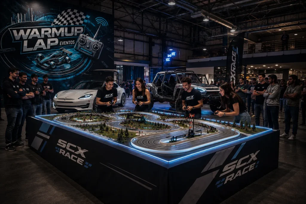 Evento corporativo con circuito de Scalextric WarmUp Lap con participantes compitiendo