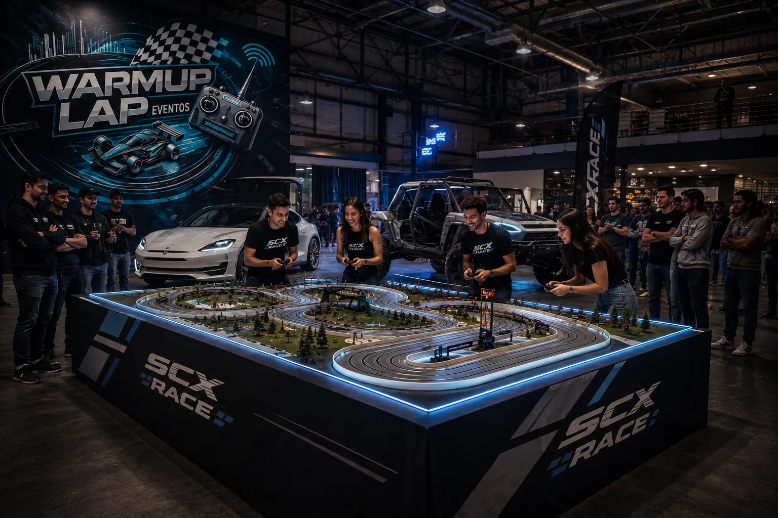 Evento corporativo con circuito de Scalextric WarmUp Lap con participantes compitiendo