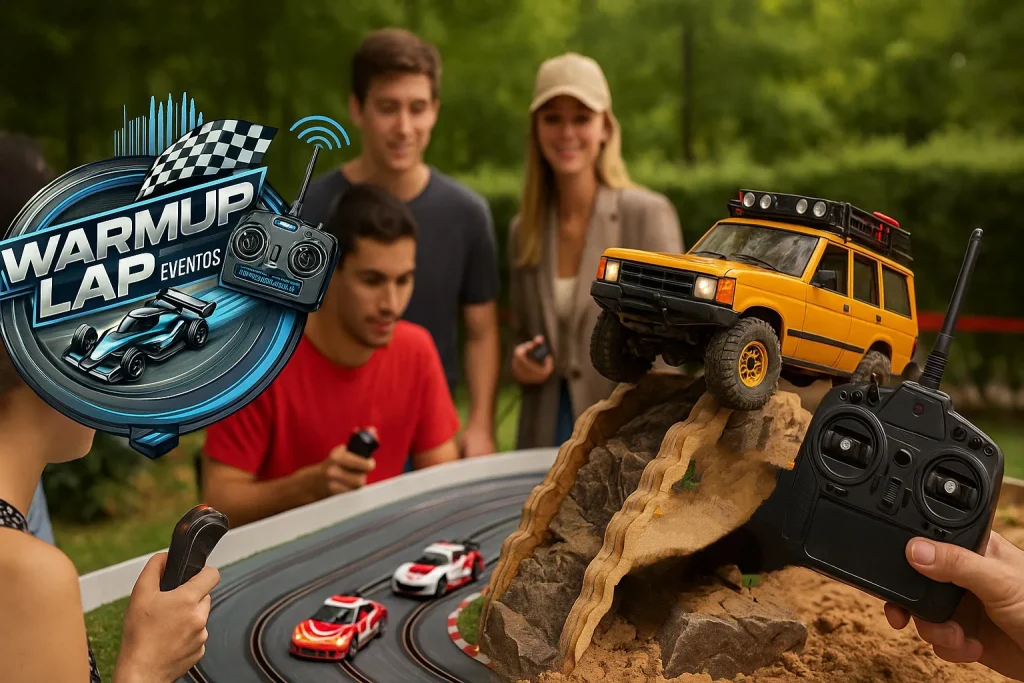 Ilustración de participantes con coches de slot y un todoterreno de radiocontrol