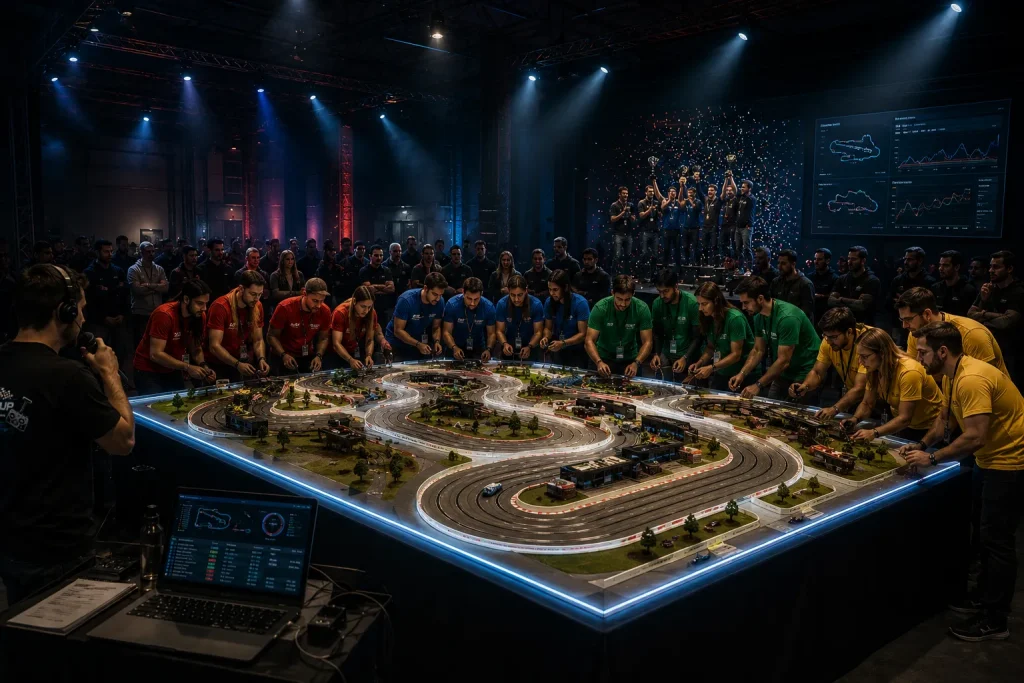 Ilustración de equipos alrededor de un circuito de slot durante una competición de Team Building Fórmula 1 con Scalextric para empresas