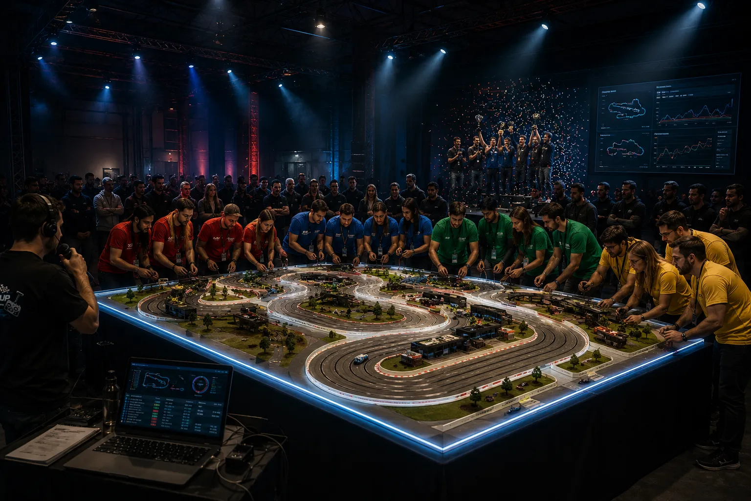 Ilustración de equipos alrededor de un circuito de slot durante una competición de Team Building Fórmula 1 con Scalextric para empresas