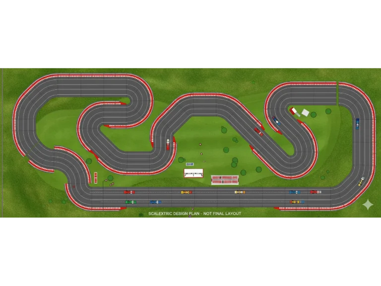 Diseño de circuito de Scalextric de cuatro carriles con curvas y rectas sobre fondo verde