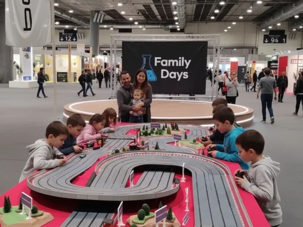 Niños jugando en un circuito de Scalextric durante un Family Day dentro de una feria