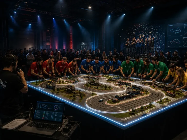 Ilustración de equipos alrededor de un circuito de slot durante una competición Team building con coches de Fórmula 1 a escala
