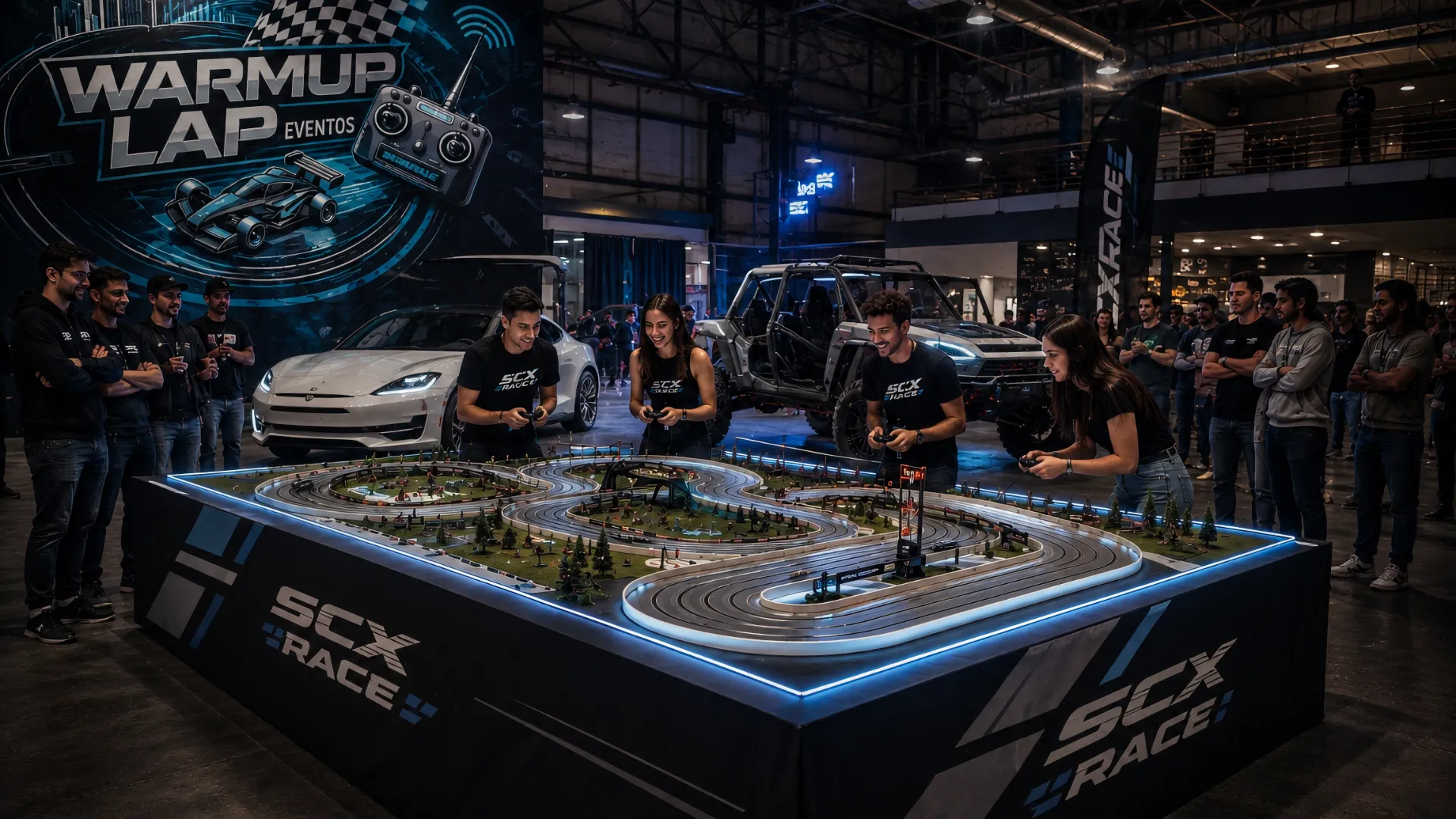 Ilustración de participantes alrededor de un circuito de slot en un evento de WarmUp Lap