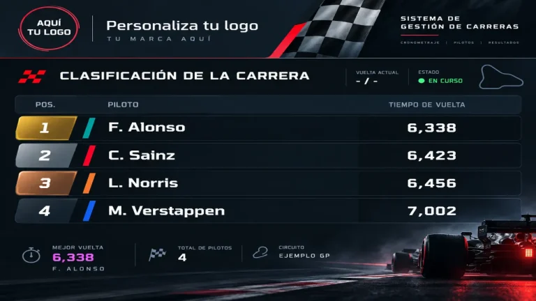 Ejemplo de pantalla de clasificación con cuatro pilotos, tiempos de vuelta y espacio para el logotipo del cliente